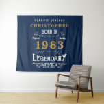 Tenture 40th Birthday 1983 Ajouter Nom Legend Blue Gold Re<br><div class="desc">Anniversaire design Vintage "Original Quality Legendary Inspiration" tapisserie murale pour ce père spécial. Ajoutez le nom et l'année souhaités dans les champs modèles pour créer un élément unique de célébration d'anniversaire. Faites équipe avec les cadeaux,  accessoires de fête et vêtements correspondants disponibles dans notre magasin www.zazzle.com/store/thecelebrationstore</div>
