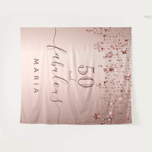 Tenture 50 étoiles de fête d'anniversaire rose gold paille (Devant (Horizontal))