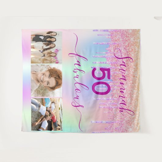 Tenture 50 fabuleux anniversaire rose violet paillettes ph (Devant (Horizontal))