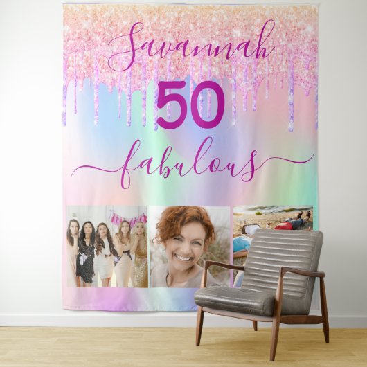 Tenture 50 fabuleux anniversaire rose violet paillettes ph (En situation)