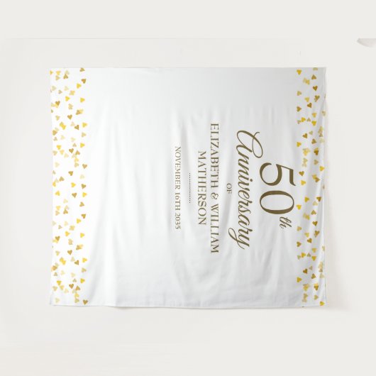 Tenture 50e anniversaire Gold Hearts Photo Booth fond (Devant (Horizontal))