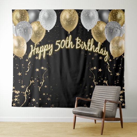 Tenture 50e anniversaire Gold Silver Black Balloons (En situation (horizontale))