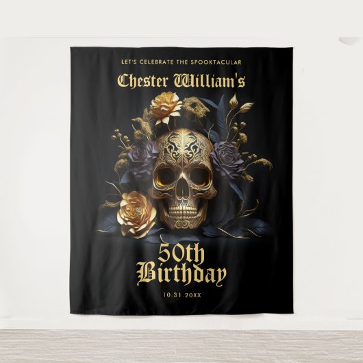 TENTURE 50E ANNIVERSAIRE OR SKULL ROSE HALLOWEEN SIGNE DU (Devant)
