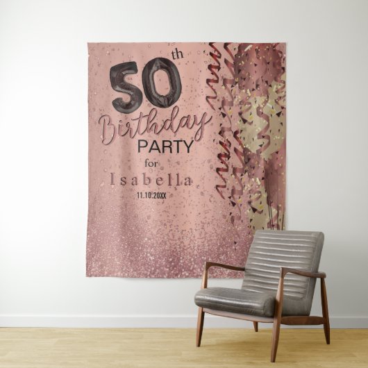 Tenture 50e Parties scintillant Rose d'or Anniversaire (En situation)