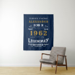 Tenture 60th Birthday 1962 Ajouter Nom Legendary Blue Gold<br><div class="desc">Anniversaire personnalisé ajoutez votre nom photo fond de toile de fond de toile d'anniversaire. Modifiez le nom et l'année avec le modèle fourni. Une merveilleuse idée d'anniversaire personnalisée. Plus de cadeaux et de fournitures de fête disponibles avec le design "légendaire" dans le magasin.</div>