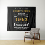 Tenture 60th Birthday 1963 Ajouter Nom Legendary Black Gol<br><div class="desc">Anniversaire design vintage "Original Quality Legendary Inspiration" tapisserie murale pour cette personne spéciale. Ajoutez le nom et l'année souhaités dans les champs modèles pour créer un élément unique de célébration d'anniversaire. Faites équipe avec les cadeaux,  accessoires de fête et vêtements correspondants disponibles dans notre magasin www.zazzle.com/store/thecelebrationstore</div>