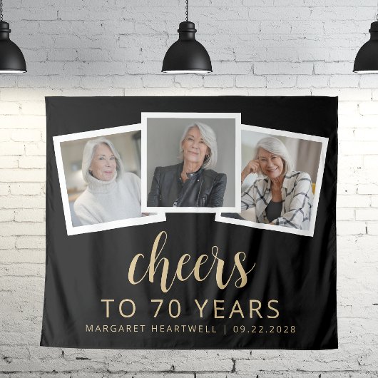 Tenture 70e Anniversaire 3-Photo Or Script Félicitations N