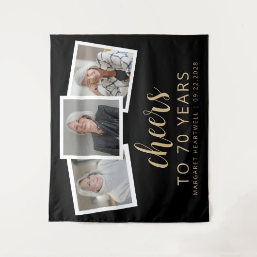 Tenture 70e Anniversaire 3-Photo Or Script Félicitations N (Devant)