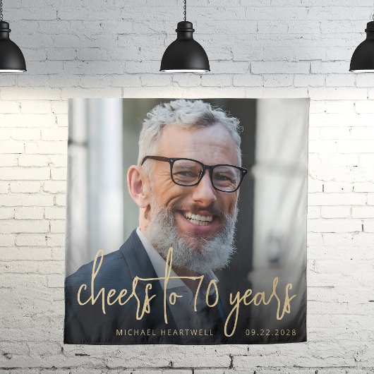 Tenture 70e anniversaire de fête Photo Gold Script Cheers