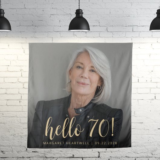 Tenture 70e anniversaire de fête Photo Gold Script Cheers