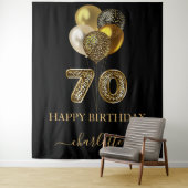 Tenture 70e anniversaire noir or léopard nom script (En situation)