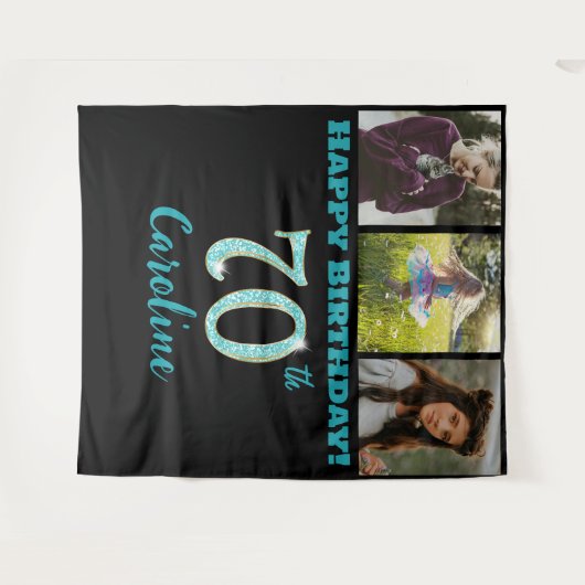 Tenture 70e fête d'anniversaire, Parties scintillant bleue (Devant (Horizontal))