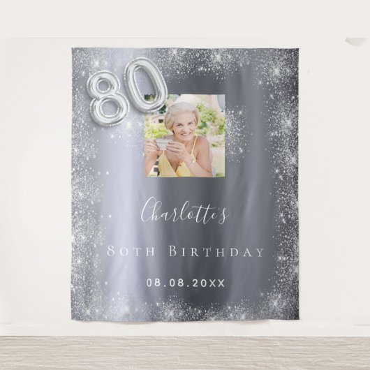 Tenture 80e anniversaire argent photo parties scintillant (Devant)