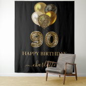Tenture 90e anniversaire noir or léopard nom script (En situation)