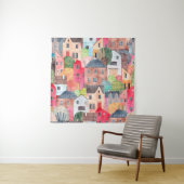 Tenture Abstract seamless pattern with houses. Watercolor  (En situation)