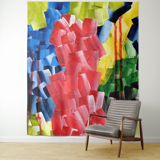 Tenture Abstrait Gras en Rouge, Bleu, Jaune et Vert (En situation)