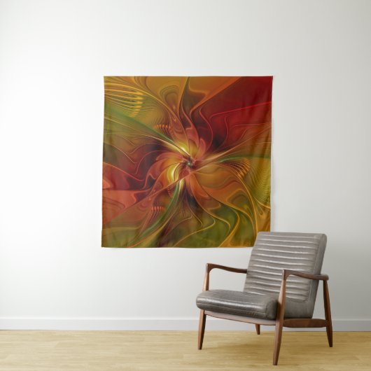 Tenture Abstrait Rouge Orange Brown Vert Fractal Art Flowe (En situation)