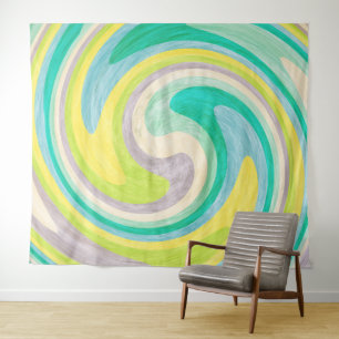Tenture Abstrait Tourbillonnant en Vert, Jaune et Aqua