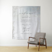 Tenture Accueil Mariage en argent poli bleu Ombre Dusty (En situation)