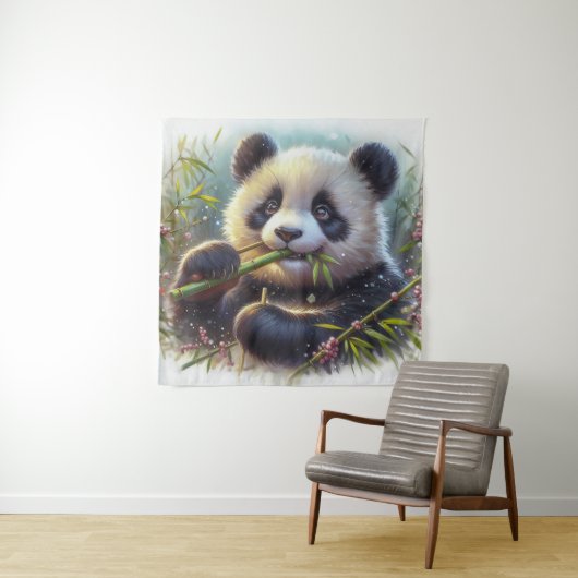 Tenture Adorable Ours De Panda Mangeant Bambou (En situation)