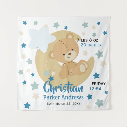 Tenture Adorable Teddy Bear Baby Boy Stats de naissance (Devant)