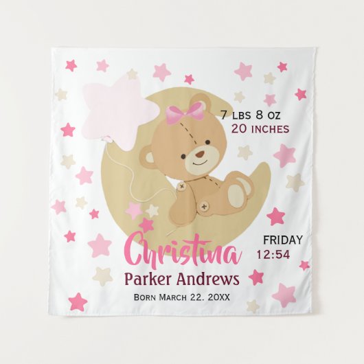 Tenture Adorable Teddy Bear Baby Girl Stats de naissance (Devant)