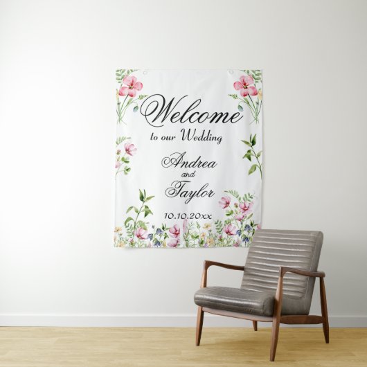 Tenture Affiche de bienvenue Mariage Fleur sauvage aquarel (En situation)