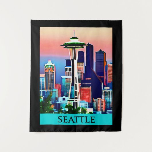 Tenture Affiche de voyage de Seattle sous un ciel d'aube (Devant)