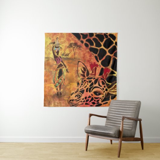 Tenture African Girl and Giraffe - Friends - Art Drawing - (En situation)