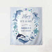 Tenture Ahoy C’est un garçon sous le Baby shower bleu mari (Devant)