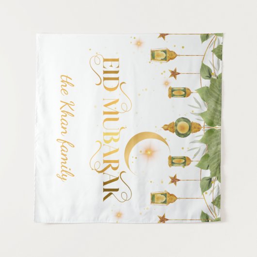Tenture Aïd Moubarak Custom Gold Lanternes blanches + Lune (Devant (Horizontal))
