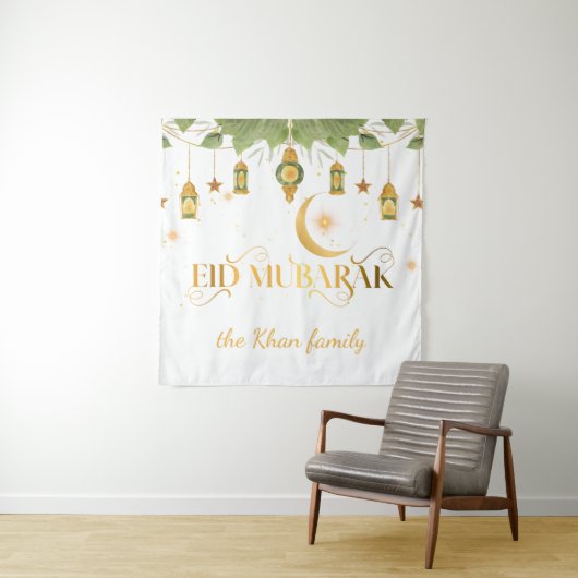 Tenture Aïd Moubarak Custom Gold Lanternes blanches + Lune (En situation)