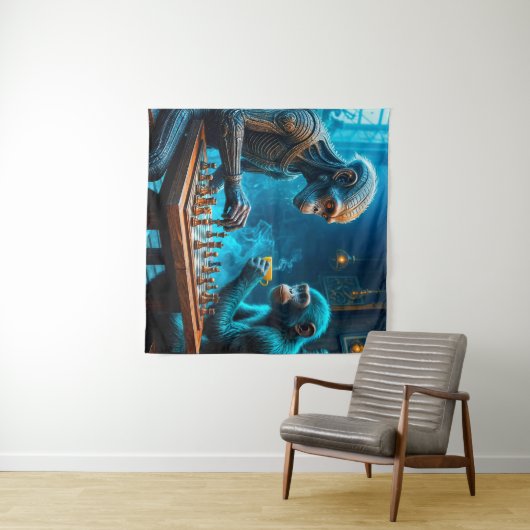 Tenture Alien et singe jouer aux échecs avec café (En situation (horizontale))