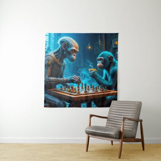 Tenture Alien et singe jouer aux échecs avec café (En situation)