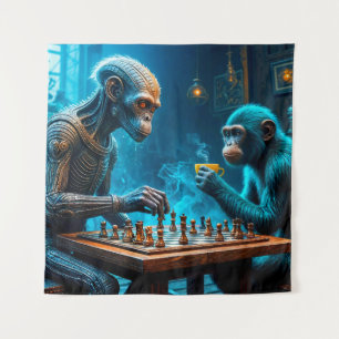 Tenture Alien et singe jouer aux échecs avec café