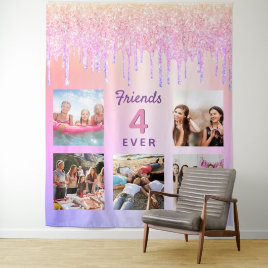 Tenture Amis pour toujours photo avec gouttes violet rose  (En situation)