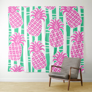 Tenture Ananas Bambou rayures rose et Motif vert