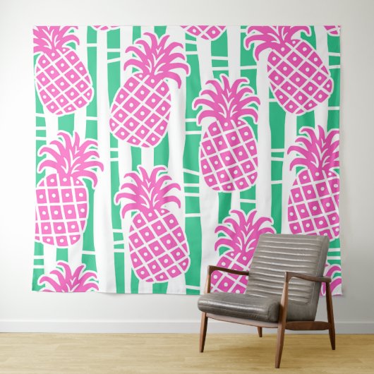 Tenture Ananas Bambou rayures rose et Motif vert (En situation (horizontale))