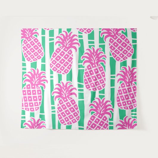 Tenture Ananas Bambou rayures rose et Motif vert (Devant (Horizontal))