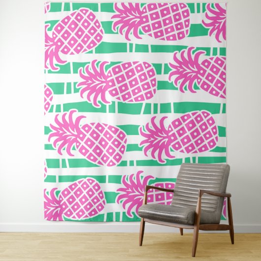 Tenture Ananas Bambou rayures rose et Motif vert (En situation)