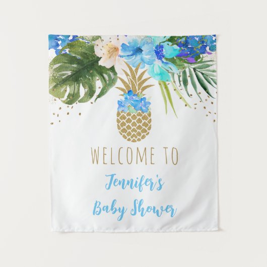 Tenture Ananas Blue Gold Floral Baby shower fond (Devant)