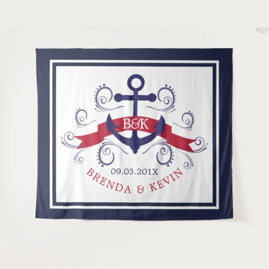 Tenture Ancre de bateau nautique bleu marine et rouge (Devant (Horizontal))