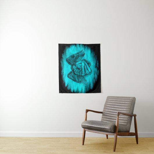 Tenture Angel Eros en amour, design noir et vert (En situation)