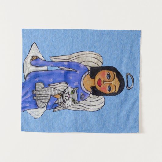 Tenture Angel tenant Chat sur Cloud Silver Halos Bleu clai (Devant (Horizontal))