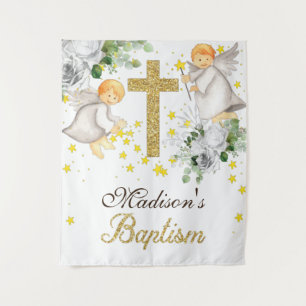Tenture Anges de baptême paillettes dorées genre neutre