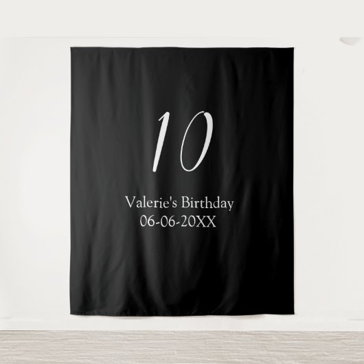 Tenture anniversaire 10 ans blanc noir nom date calligraph (Devant)
