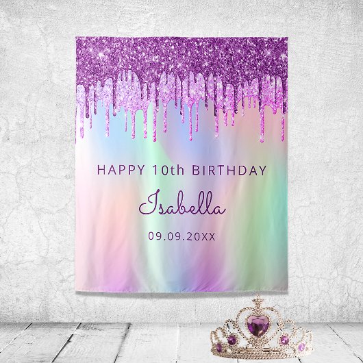 Tenture Anniversaire 10 ans paillettes holographiques rose