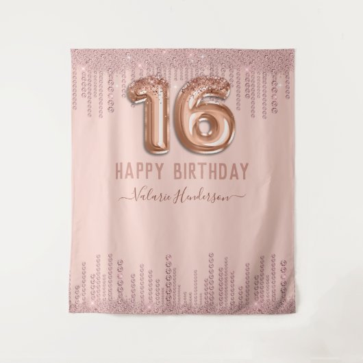 Tenture Anniversaire 16 ans Happy Blush Pink Diamond Drips (Devant)