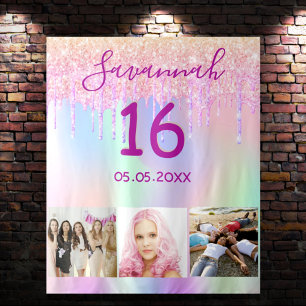 Tenture Anniversaire 16 ans photo rose arc-en-ciel or rose