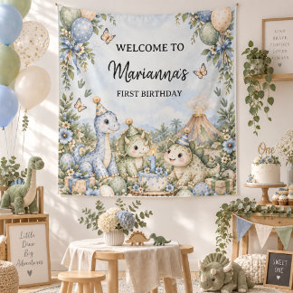 Tenture Anniversaire 1 an Dinosaure Aquarelle Bleu Pastel